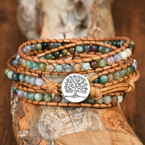 Bracelet Enroulé Fait Main Pierre Agate Indienne Naturelle Cordon Ciré Arbre De Vie Bouton Alliage Style Bohème Ethnique