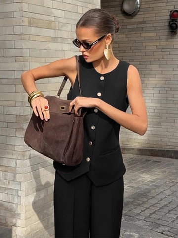 Mujer Elegante Chaleco Sin Mangas Y Pantalones De Pierna Ancha Cintura Alta Business Professional Oficina Color Sólido
