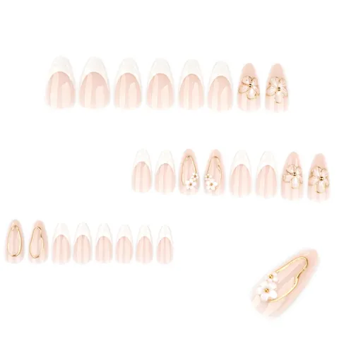 Elegante Almond French Press On Nails Mit 3D Weißer Blume Und Goldener Linie Design Für Frauen Maniküre