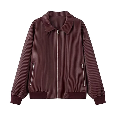 Women Pleated Faux Leather Jacket Long Sleeve Zipper Up Lapel Collar Vintage Solid Color Casual Fashion Outerwear