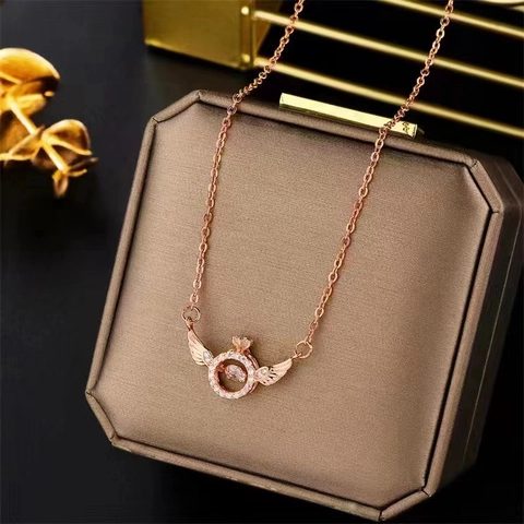 Angel Wing Dancing Stone Pendant Necklace Stainless Steel Sparkling Zirconia Crown Jewelry For Women Elegant