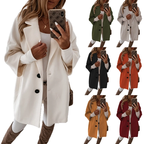 Damen Mode Casual Polyester Wollmantel Einfarbig Revers Knopf Taschen Lose Mittellange Jacke Herbst Winter Outerwear Top
