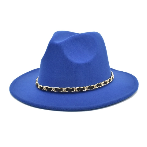 Wide Brim Fedora Hat Cotton Polyester Blend Gold Chain Decor Vintage Style Outdoor Sunshade Unisex