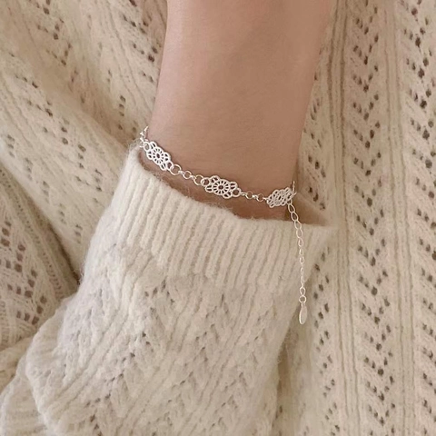 Elegante Bracciale In Argento Sterling 925 Pizzo Traforato Regolabile Catena Di Estensione Gioielli Floreali Vintage Donne
