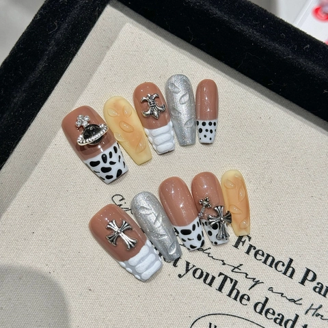 Handmade Press On Nails Leopard Print French Gradient 3D Relief Metal Charm Long Trapezoid Fashion Fake Nails
