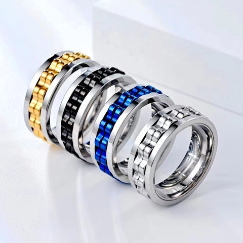 Spinner Ring Titanium Steel Rotating Band Gear Chain Inlay Stress Relief Anxiety Relief Hip Hop Punk Style