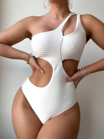 Women Polyester One Shoulder One Piece Swimsuit Ribbed Texture Sexy Cut Out Solid Color Monokini Beachwear Bathing Suit