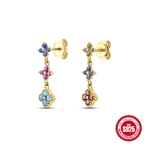 Elegant 925 Sterling Silver Zirconia Flower Dangle Earrings For Women Gold Plated Colorful Floral Drop Earrings Fashion Jewelry Gift