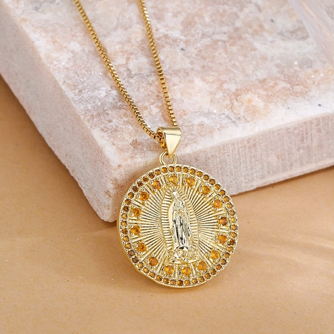 Collier Pendentif Vierge Marie Cuivre Plaqué Or 18K Zircon Coloré Bijoux Médaillon Religieux Pour Femmes