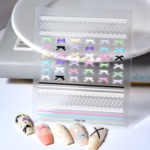 Autocollants Ongles 5D Relief Noeud Ruban Dentelle Auto-Adhésif Coloré DIY Manucure Décor Étanche Pour Femmes