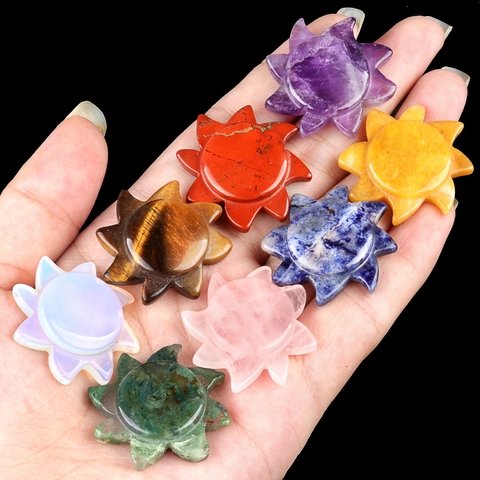 Sun Shape Carved Natural Crystal Stones Amethyst Rose Quartz Tiger Eye Healing Reiki Pocket Stone Home Decor Desk Decor