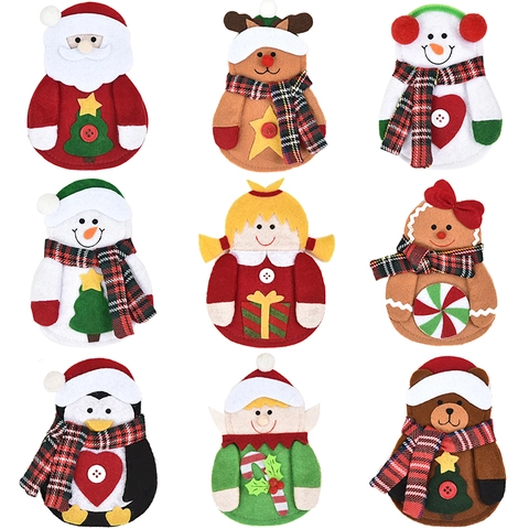 Set Portaposate di Natale Babbo Natale Pupazzo di Neve Omino di Pan di Zenzero Pinguino Elfo Borsa per Coltello e Forchetta in Feltro Decorazione Tavola