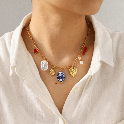 Collar De Acero Inoxidable Dorado Corazón Perla Artificial Concha Cerámica Chile Joyería De Moda Elegante Para Mujeres