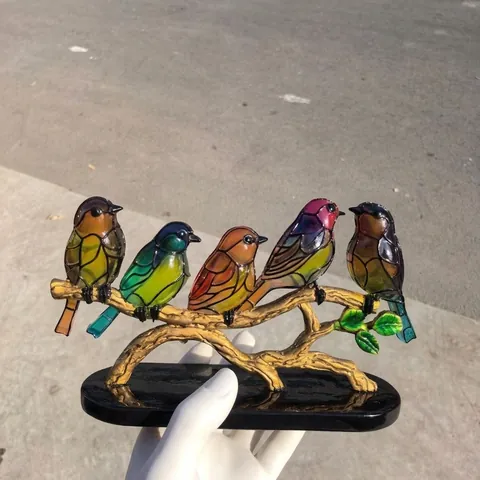 Colorful Birds On Branch Desktop Ornaments Stained Glass Style Acrylic Metal Tabletop Decor Modern Art Figurines