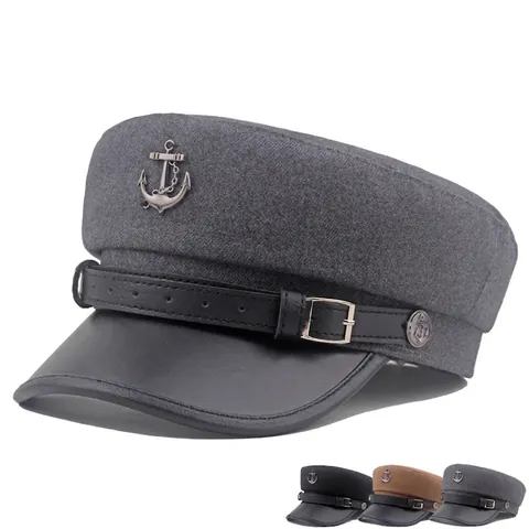 Vintage Marine Seemannsmütze Für Damen Mit PU Lederkrempe Und Metallanker Abzeichen Flache Schiffermütze