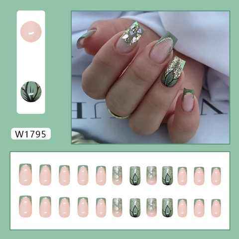 French Tip Press On Nails Bamboo Green Glitter Hand Painted Leaf Shell Sequins ABS Plastic Square Fake Nails