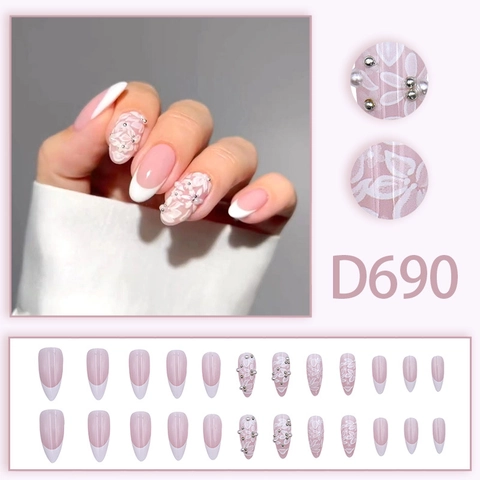 White French Tip Press On Nails Almond Shape 3D Flower Relief And Artificial Pearl Elegant Nude Pink Manicure For Women