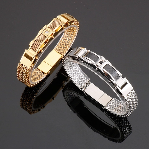Pulsera De Hombre Acero Inoxidable Cadena Trenzada Con Incrustación De Fibra De Carbono Zirconia Punk Hip Hop