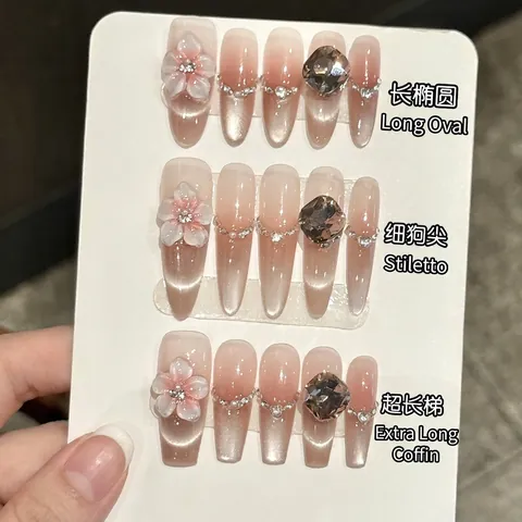 Uñas Postizas A Presión Hechas A Mano Con Flor 3D Efecto Ojo De Gato Degradado Rosa Diamantes De Imitación Perlas Artificiales Elegante