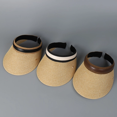 Chapeau Visière En Paille D'été Pour Femmes Bord Large Protection UV Paille De Papier Garniture Cuir PU Haut Vide