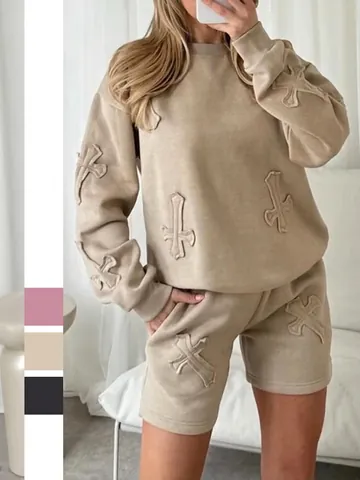 Completi Streetwear Felpa A Maniche Lunghe E Pantaloncini Da Donna Con Toppe A Croce In Rilievo 3D Casual Lounge Wear