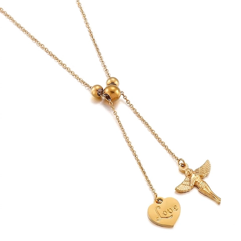 Angel And Heart Pendant Necklace Stainless Steel Y-Shaped Adjustable Slider Tassel Women Fashion Jewelry