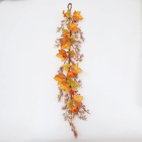 Artificial Maple Leaf Pumpkin Garland Wreath Satin Leaves Foam Fruit Autumn Thanksgiving Halloween Home Door Decor