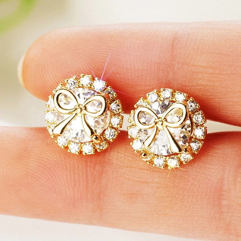 Elegant Bow Stud Earrings With Clear Zircon Copper Golden Halo Sweet Jewelry For Women Prom Daily Fashion Accessory
