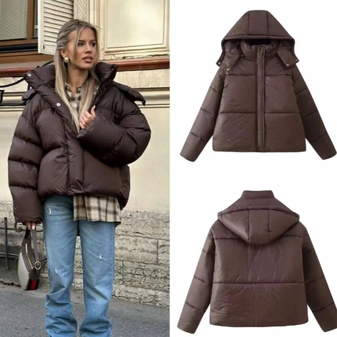 Women Hooded Puffer Jacket Short Quilted Padded Coat Polyester Warm Thick Solid Color Zipper Closure Outerwear Coffee