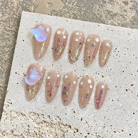 Handmade Press On Nails Almond Mermaid Iridescent Glitter 3D Bear Bow Artificial Pearl False Nails For Women Wearable