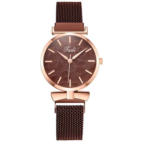 Dames Mode Quartz Horloge Met Milanese Roestvrij Staal Mesh-band Magneetsluiting Blad Reliëf Wijzerplaat Elegant Dames Polshorloge