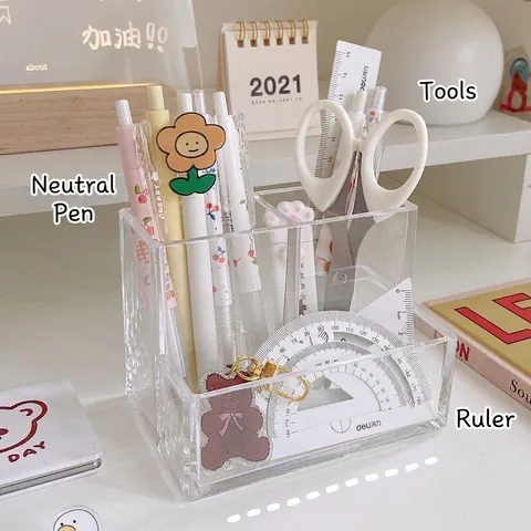 Acrylic Pen Holder Transparent Multi Grid Desk Organizer For Stationery And Makeup Brushes Minimalist Style Office Home Supplies