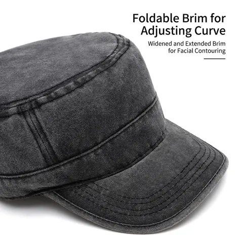 Washed Cotton Cadet Cap Vintage Flat Top Military Hat Adjustable Sun Protection Outdoor Casual For Men