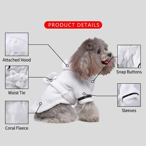 Peignoir Pyjama Pour Animaux De Compagnie Polaire Corail Douce À Capuche Avec Ceinture Réglable Pour Petits Chiens Chats