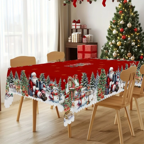 Mantel De Navidad Poliéster Decoración De Fiesta De Cena Vacaciones Papá Noel Muñeco De Nieve Copo Patrón Reutilizable Rojo