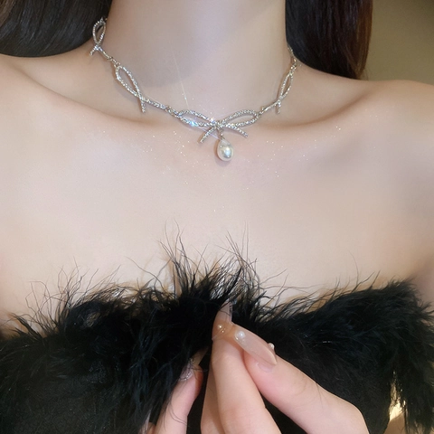 Collana Choker Fiocco Perla Artificial Strass Rame Catena Di Clavicvola Elegante Dolce Gioielli Di Moda Per Donne