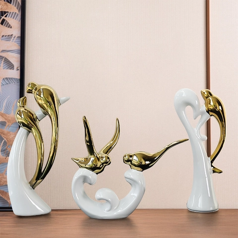 Abstract Bird Figurines Ceramic Gold Electroplated Modern Desktop Ornaments Home Decor Living Room Office Accent