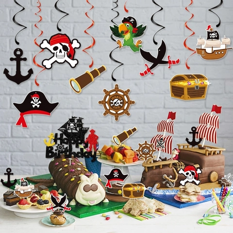 Decorazioni Festa Di Compleanno Tema Pirata Cartoncino Glitter Teschio Nave Striscioni Appesi Spirali Topper Per Torta