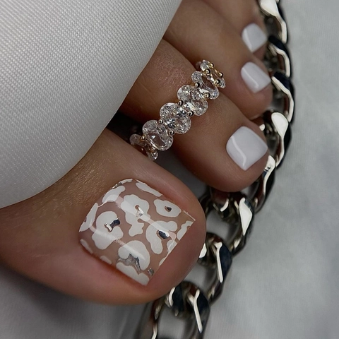 Press On Toenails Leopard Print White Gold Foil Artificial Foot Nail Patches Glossy Resin For Women Foot Decoration