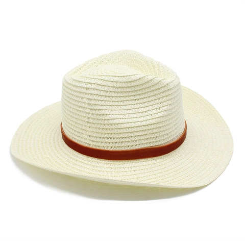 Chapeau De Cowboy En Paille Vintage Fedora Tissé Avec Bande En Velours Boucle Métallique Large Bord Protection Solaire Été Plage Style Western