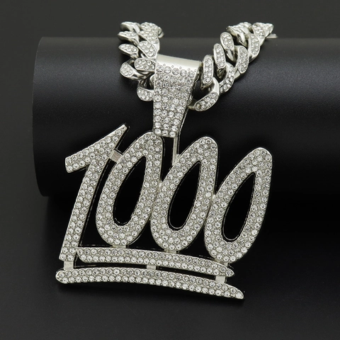 Hip Hop Nummer 1000 Krone Anhänger Halskette Legierung Straßstein Besetzt Iced Out Schmuck Herren Streetwear