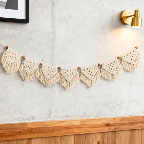 Handmade Macrame Wall Hanging Banner Cotton Rope With Wooden Beads Tassel Flags Bohemian Nordic Home Decor