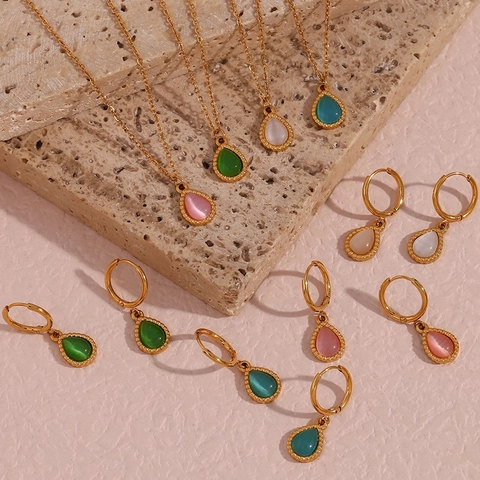 Ensemble Collier et Boucles d'Oreilles Pendentif Goutte en Acier Inoxydable Plaqué Or Bijoux Pierre Oeil de Chat pour Femme