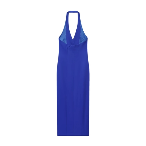 Koninklijk Blauw Halster Nek Blazer Maxi Jurk Polyester Dubbele Rij Gouden Knopen Slanke Pasvorm Elegant Banket Dames