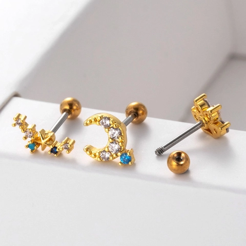 Stainless Steel Cartilage Earring Studs With Cubic Zirconia Star Moon Butterfly Design Screw Back Piercing Jewelry Fashion