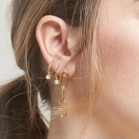 Vintage 18K Gold Plated Titanium Steel Hoop Earrings With Sparkling Round Cubic Zirconia Pendant Minimalist Jewelry For Women