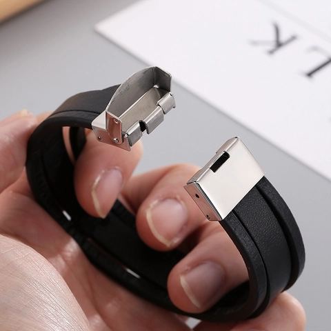 Pulsera De Cuero Trenzado Para Hombre Con Placa De Acero Inoxidable Cierre Magnético Estilo Punk Business