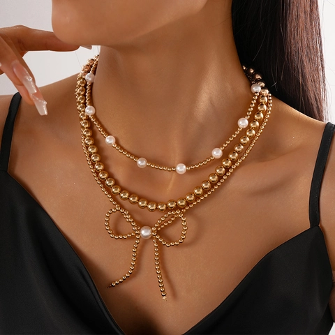 Multi-Layered Halskette Imitation Künstliche Perle Legierung Künstliche Perlen Schleife Anhänger Eleganter Vintage Stil Schmuck Für Damen