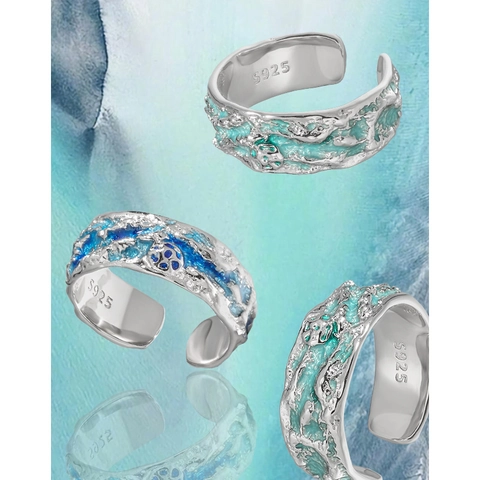 S925 Sterling Zilveren Open Ring Voor Dames Minimalistisch Onregelmatige Rotstextuur Blauw Groen Emaille Golf Ontwerp Verstelbaar