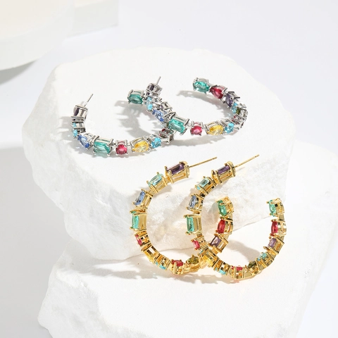 Geometrische C-Vorm Oorbellen Koper Meerkleurige Zirconia Vierkante Waterdruppel Stenen Vergulde Mode-Sieraden Vrouwen
